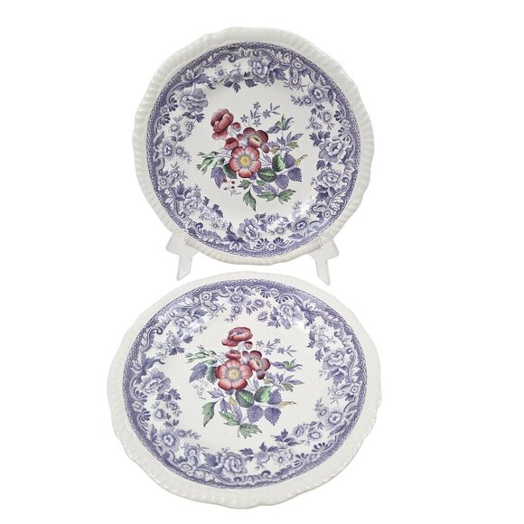 Copeland Spode Mayflower 2 Salad Plates Floral Lavender Border Vintage England - Picture 1 of 11